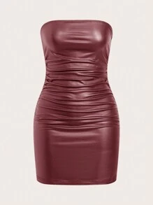 SHEIN ICON Strapless Faux Leather Dress - Red - View 1