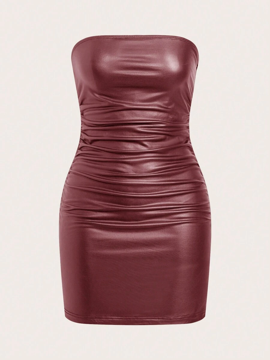 SHEIN ICON Strapless Faux Leather Dress - Red - View 1