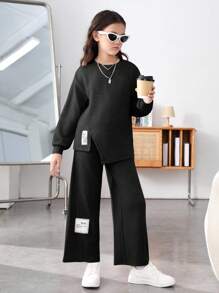 補間女童針織純色圓領寬鬆衛衣闊腿休閒褲 2 件/套 - 黑色 - 查看 1