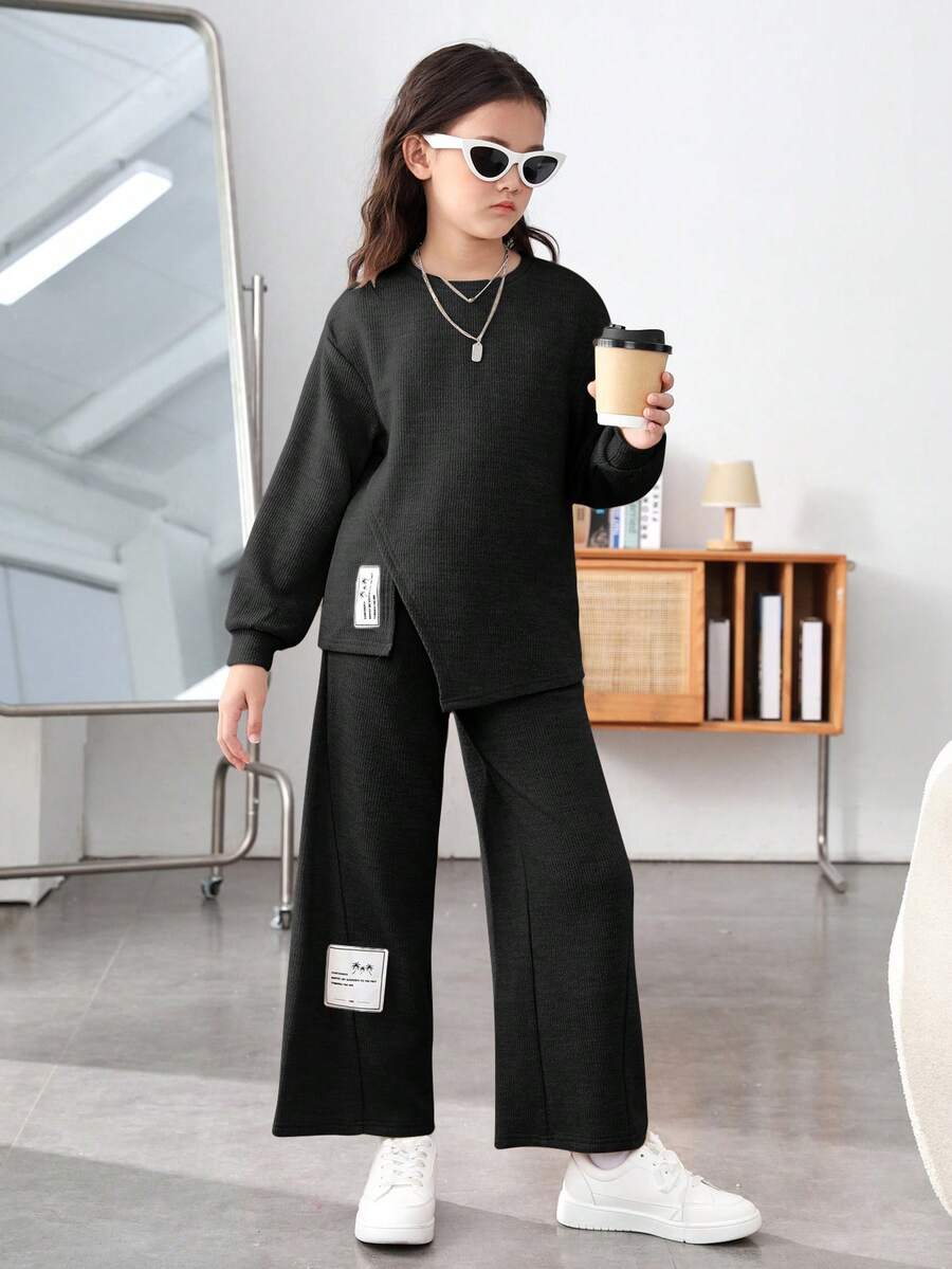補間女童針織純色圓領寬鬆衛衣闊腿休閒褲 2 件/套 - 黑色 - 查看 1