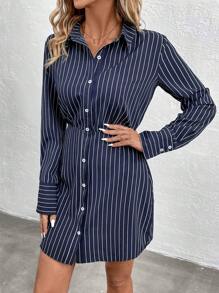 SHEIN LUNE 條紋羈扣休閒長袖連身裙 - 彩色 - 查看 5