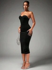 SHEIN BAE Vestido De Terciopelo Sin Tirantes - Negro - Ver 4