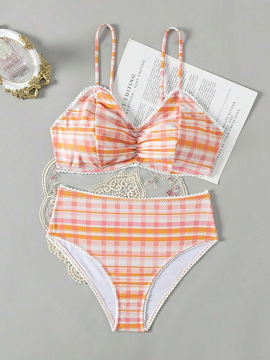 SHEIN Swim Ladies' Plaid Bikini Set Summer Beach - Orange - View 1