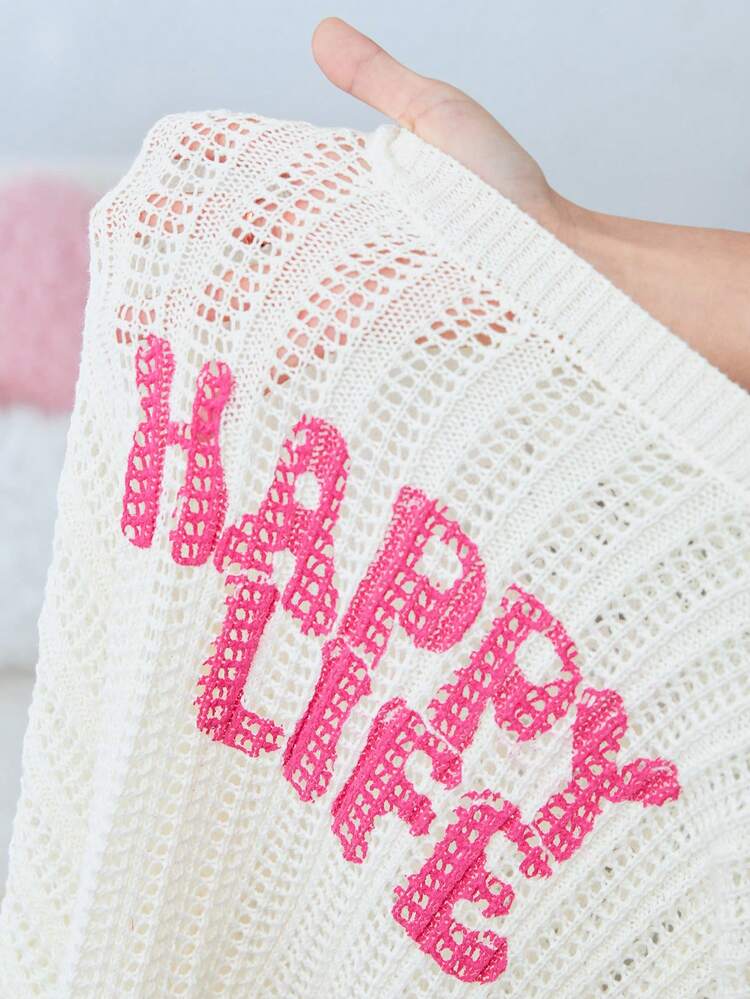 Plus Size Letter Pattern Dropped Shoulder Hollow Sweater Pullover