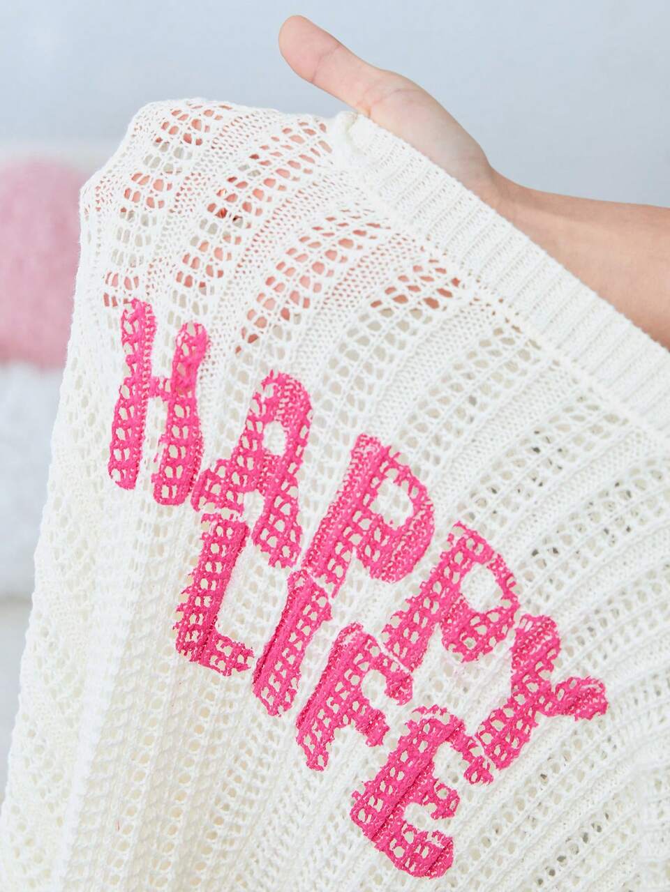 Plus Size Letter Pattern Dropped Shoulder Hollow Sweater Pullover