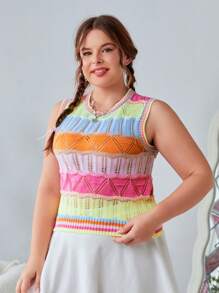 SHEIN EZwear 加大碼女式無袖條紋針織上衣 - 彩色 - 查看 5