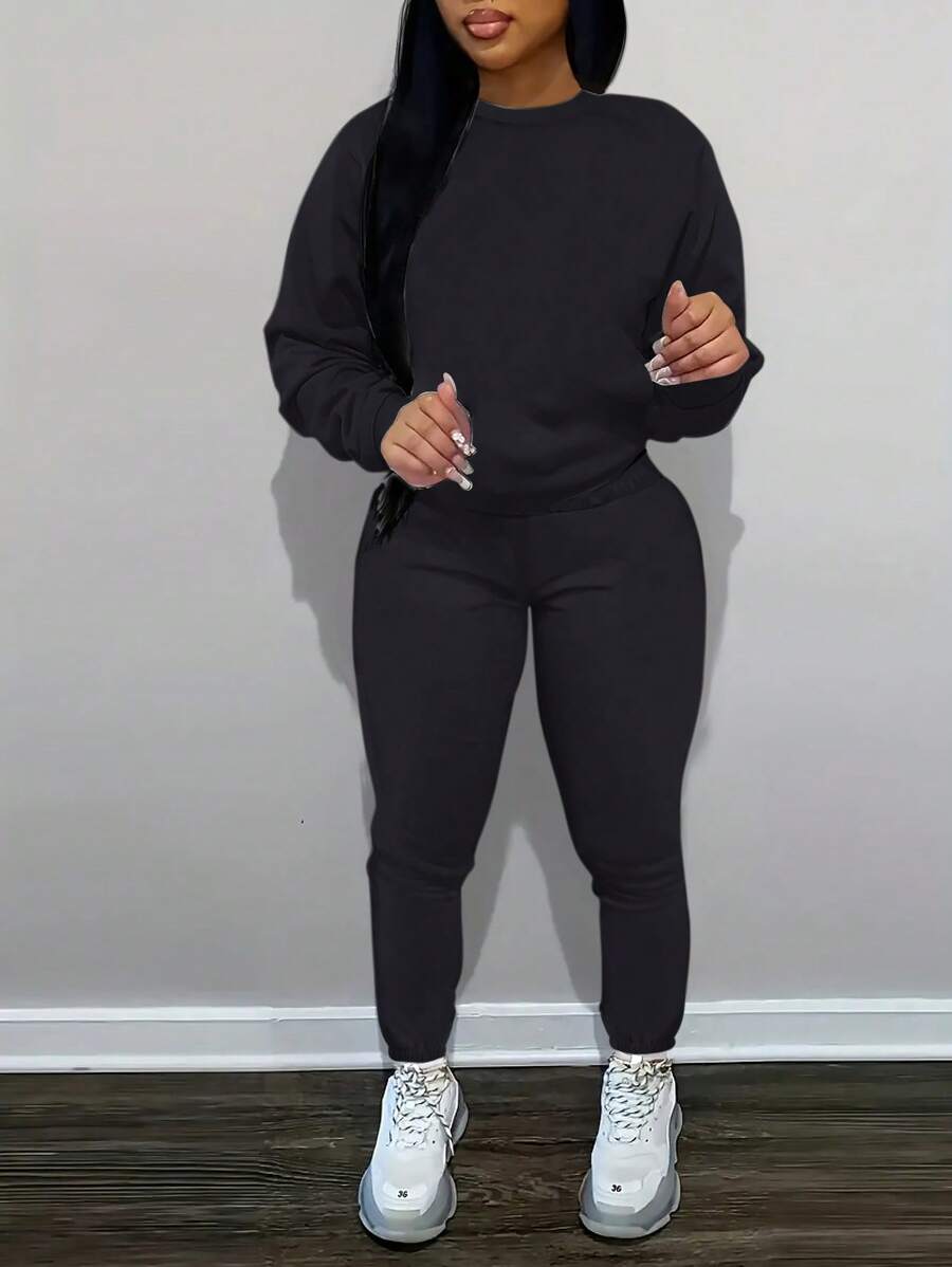 INAWLY Của phụ nữ Màu thuần Lông cừu Áo nỉ Và Quần Bộ - màu đen - Xem 1