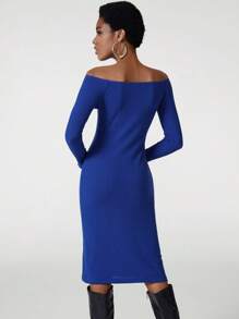 blue chic Vestido elegante de punto estriado con parte delantera retorcida y hombros descubiertos, para vacaciones - azul real - Ver 2