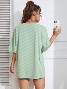 SHEIN EZwear 印花寬鬆休閒放肩t恤 - 綠色 - 查看 7