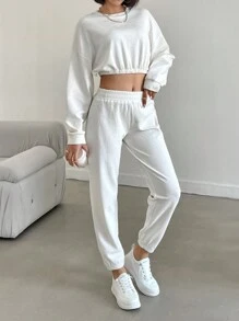 EURMUSE Solid Drop Shoulder Crop Sweatshirt & Sweatpants - White - View 3