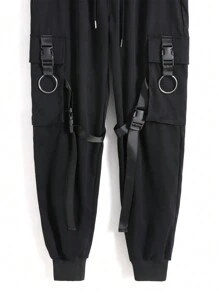 Manfinity Roghcode 1Pc Loose Men's Cargo Pants With Drawstring Waist Tapered Long Plain Black Going Out, For Fall - Black - View 5