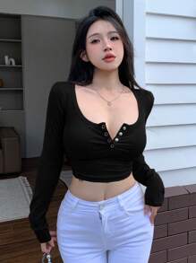 DAZY Solid Color Long Sleeve Cropped T-Shirt,Fall Clothes Cute Tops - Black - View 5
