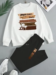 SHEIN EZwear Casual Round Neck 2pcs/Set Outfit With Text Pattern - Multicolor - View 6