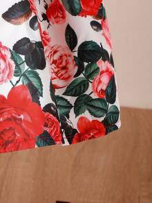 嬰兒女童玫瑰印花蓬蓬袖裙子,配有蝴蝶結裝飾 - 紅色 - 查看 7