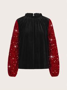 SHEIN Clasi Contrast Sequin Lantern Sleeve Frill Neck Velvet Blouse - Black - View 1