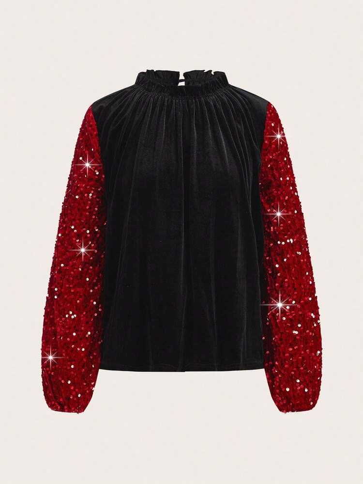 Contrast Sequin Lantern Sleeve Frill Neck Velvet Blouse