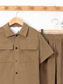 適合青春期男孩的寬鬆休閒灰色燈芯絨短袖襯衫和短褲套裝 - 卡其色 - 查看 5