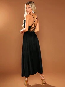 SHEIN BAE Vestido De Tirantes Con Cuello Drapeado Y Abertura Alta En La Falda - Negro - Ver 2
