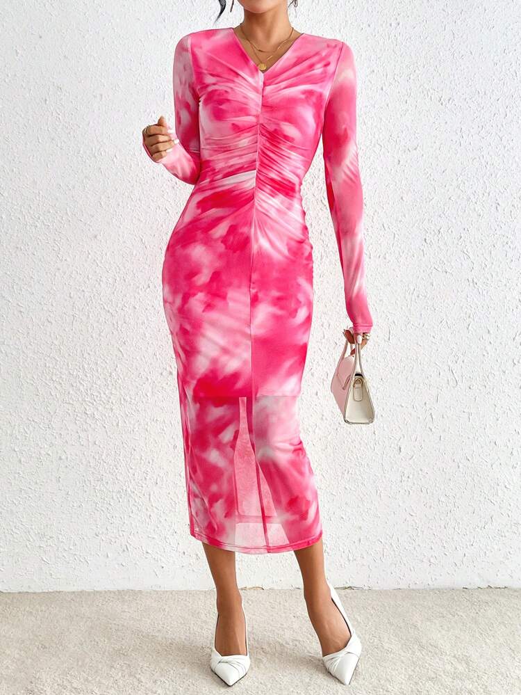 V-neck Tie Dye Pleated Waist Dress