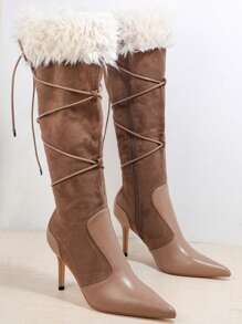 SHUZIA Botas de tacón alto hasta el tobillo de uso diario con punta puntiaguda y bloques de color para mujeres