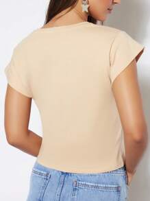 SHEIN Blusa básica lisa de malha com manga curta feminina em algodão - Bege - Visão 2