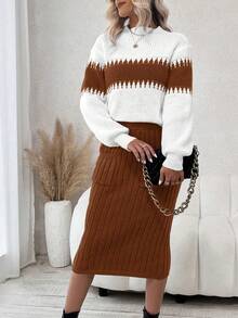 SHEIN Frenchy 顏色拼接長袖毛衣和針織裙,帶雙口袋,2入套裝 - 棕色 - 查看 3