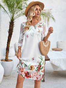 EMERY ROSE Flower Pattern Mesh Splicing Round Neck Dress - Multicolor - View 4