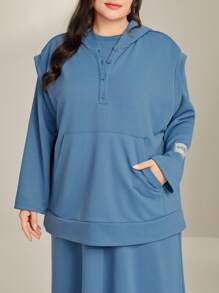 Mulvari 加大尺寸毛絨袋帽開衫和裙子2件套裝 - 藍色 - 查看 5