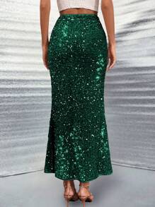 Allurite Mermaid Tail Hem Sequin Skirt - Dark Green - View 2