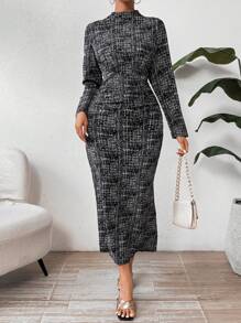 SHEIN Privé Women's Slim Fit Plaid Stand Collar Dress - Multicolor - View 1