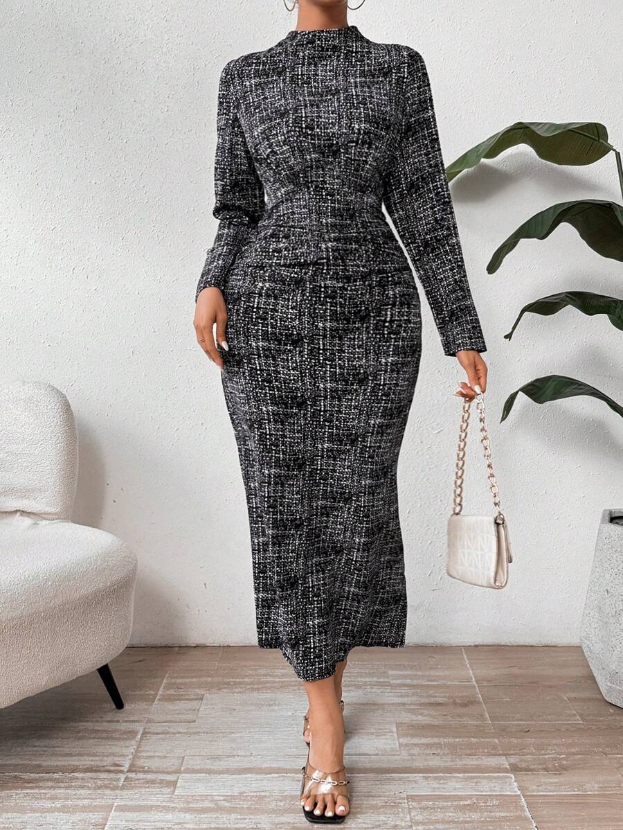 SHEIN Privé Women's Slim Fit Plaid Stand Collar Dress - Multicolor - View 1