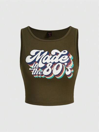 Top de tirantes informal con estampado de letras con estilo retro hippie