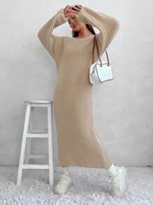 SHEIN Unity Solid Color Long Sleeve Casual Knitted Sweater Dress - Brown - View 6