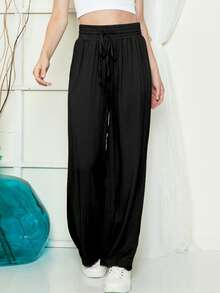 Women's Drawstring Elastic Waist Casual Wide Leg Pants - Black - View 5