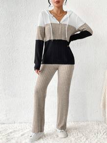 SHEIN LUNE 拼色半拉链连帽休闲两件套 - 彩色 - 查看 6