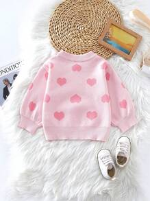 Baby Girls' Heart Round Neck Loose Fit Sweater For Autumn And Winter - Pink - View 2