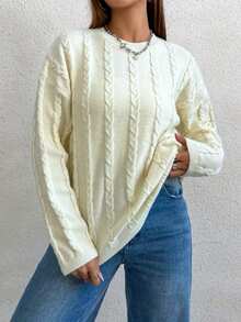 SHEIN Unity Cable-Knit Round Neck Long Sleeve Casual Sweater - White - View 6