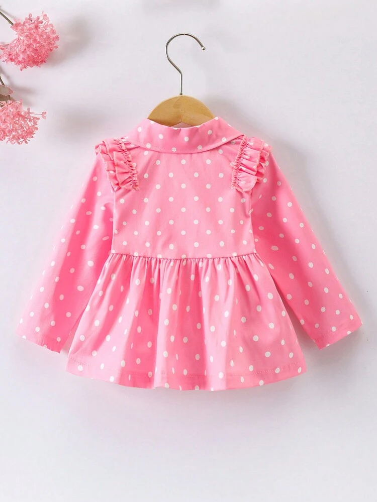 Baby Girls' Pink Polka Dot Coat With Bunny Applique Embroidery For Spring/summer Daily Casual Wear, Cute And Elegant, Long Sleeve