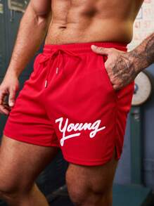 Manfinity Sport Corelite Men'S Letter Print Athletic Shorts Sweat Pants - Red - View 3