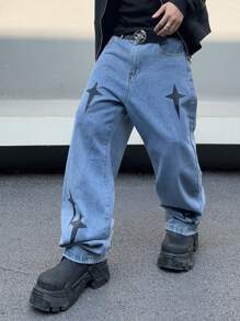 Manfinity Roghcode Men's Cross Pattern Printed Jeans Baggy Long Washed Light Jean Cargo Plain Blue Party Goth Friends, Baggy Jeans Y2k Men, Blue Baggy Jeans Men, Star Print Jeans - Blue - View 7