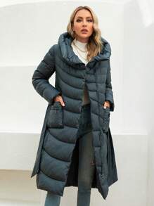 GASMAN 1pc Winter Solid Color Hooded Padded Coat With Drawstring Waist - Navy Blue - View 1