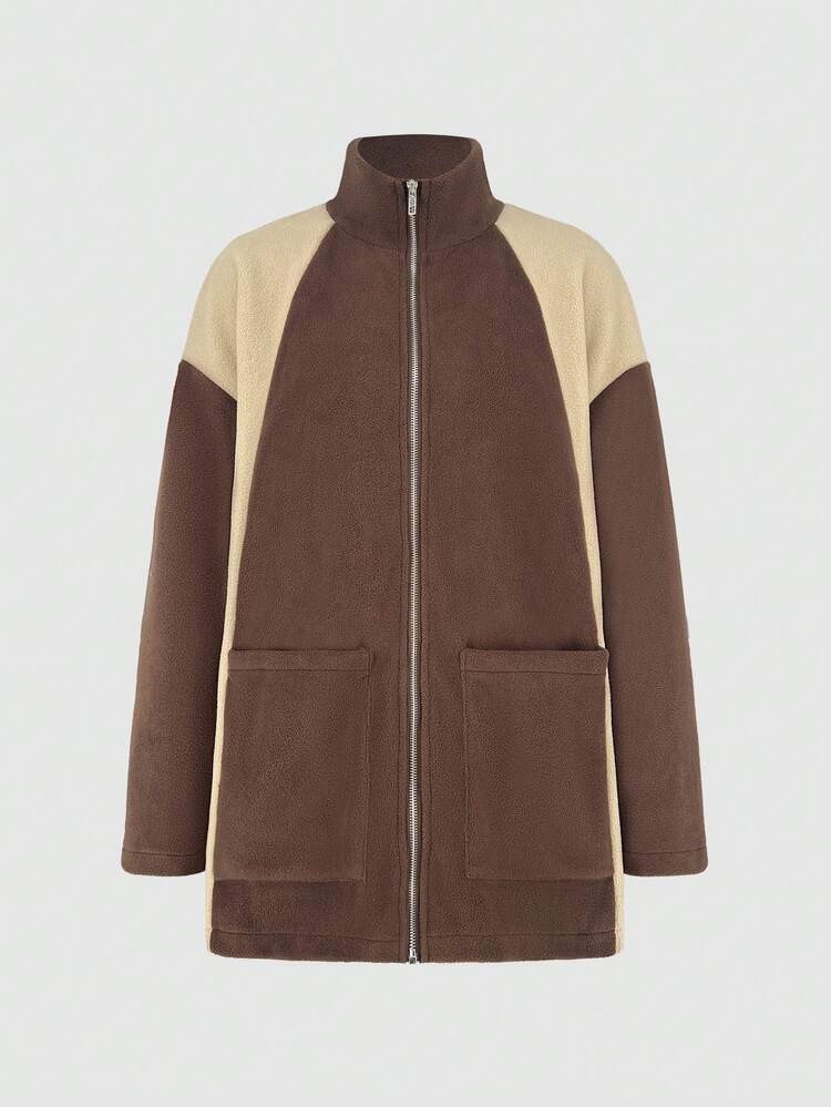 Color-Block Stand Collar Padded Coat With Patch Pockets Fall Cloth For Women