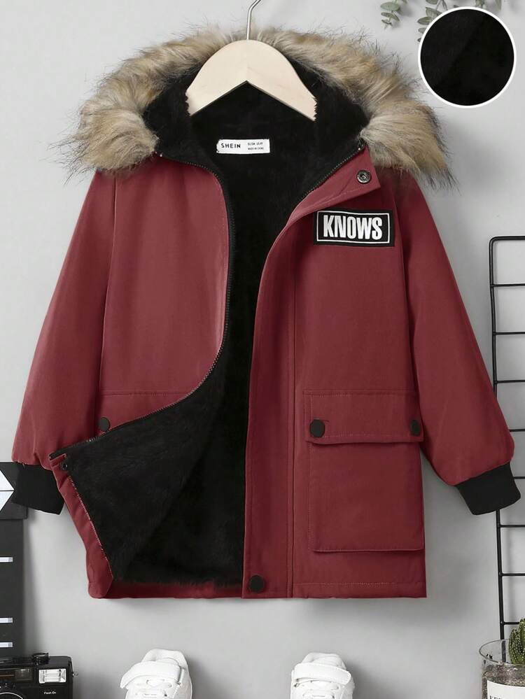 Toddler Boys' Casual Loose Fit Thickened Weaved Label Coat With Hood, Edge, Button Closure And Pockets, Winter
