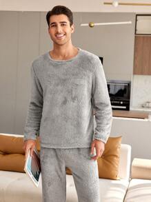男士泰迪熊圓領長袖上衣和褲子家居服套裝 - 灰色 - 查看 6
