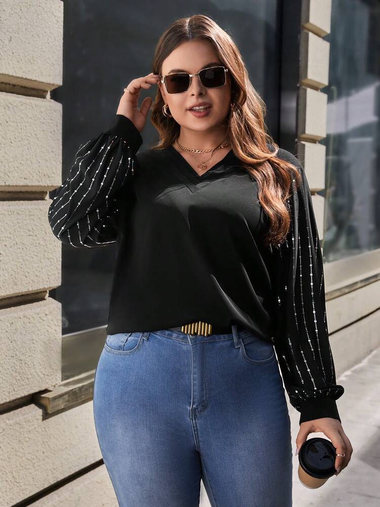 Plus Size V-Neck Striped Lantern Sleeve Blouse
