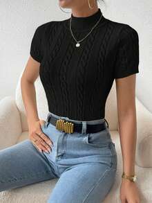 SHEIN Frenchy 休閒純色針織短袖上衣 - 黑色 - 查看 3