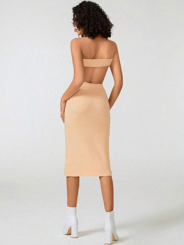 Designer Halter Neck Cutout Cable Knit Elegant Sweater Dress, For Holiday, Party Outfit, Birthday Outfits, Festival, Wedding, Prom Dress