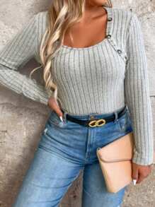 Plus Size Ribbed Knit Long Sleeve Bodysuit With Button Embellishment - Apricot - View 4