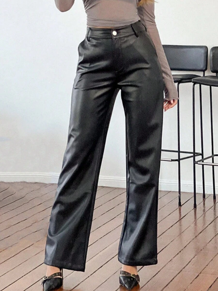 MYOURSA 女士宽松PU皮裤直筒高腰休闲派对冬季日常穿着套装 - 查看 1