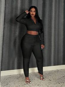 Slaydiva Plus Size Pu Leather Cropped Top And Skinny Pants Set - Black - View 5